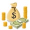 Tied money bag with a dollar sign, gold coins and a bundle of dollar bills nearby. Vector illustration in cartoon style