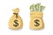 Tied money or bank bag and untied money bag with a dollar sign and sticking out bundles of dollar bills. Vector