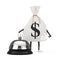Tied Rustic Canvas Linen Money Sack or Money Bag and Dollar Sign Character Mascot with Hotel Service Bell Call. 3d Rendering