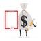 Tied Rustic Canvas Linen Money Sack or Money Bag and Dollar Sign Character Mascot with Red Plastic Clipboard, Paper and Pencil. 3d