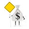 Tied Rustic Canvas Linen Money Sack or Money Bag and Dollar Sign Character Mascot with Yellow Road Sign with Free Space for Yours