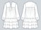 Tiered Mini Dress technical fashion illustration. Ruffled Dress fashion flat technical drawing template