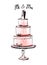 Tiered wedding cake with figurines of the bride and groom, Mr and Mrs. Classic decorated cake on a stand, linear fashion