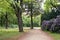 Tiergarten, Berlin, Germany, April, 2017: A beautiful and quiet park line path between trees and flowers during daylight.