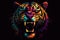 Tiger. Abstract, multicolored, neon portrait of a tiger looking forward, in the style of pop art on a black background