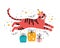 Tiger birthday with gifts. Exotic cat on holiday. Hand drawn cute cartoon tiger character in a festive hat. Jungle animals wild