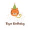 Tiger birthday logo. Jungle birthday party graphic element. Cute wild cat in festive hat with party whistle. Hand drawn