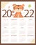 Tiger calendar for 2022. Tiger symbol of the new year 2022. Childrens calendar with a cute animal, flowers and a