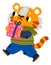 Tiger carrying gift box. Cute wild cat with holiday present