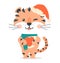 Tiger in Christmas hat with heart in paws EPS