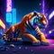 Tiger in the city at night. 3D rendering. High quality illustration Generative AI