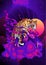 Tiger Climbing on hill and cloud design with Chinese or Japanese painting illustration oriental style with neon purple pink color
