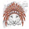 Tiger in the colored Indian roach. Indian feather headdress of eagle. Hand draw vector illustration