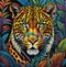 A tiger with a colorful pattern on its face is shown in a colorful background.