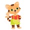 The tiger cub waves hello and stands straight. The animal is dressed in overalls and a shirt and looks like a child.
