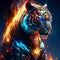 Tiger with fire flames on dark blue background. 3d illustration Generative AI