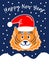 Tiger in the hat of Santa Claus. Cute new year card.