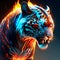 Tiger head with fire flames on dark background. Vector illustration. generative AI