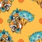 Tiger head with flower oriental Chinese illustration doodle coloring for digital printing seamless pattern