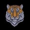 Tiger head noble staring. Front view embroidery patch sticker. Orange striped black wild animal stitch texture textile print. Jung