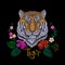 Tiger head tropic flower. Front view embroidery patch sticker. Orange striped black wild animal stitch texture textile print. Jung