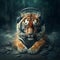 Tiger in Headphones on Rainy Day. Realistic and Detailed Creative Animal Art for Music Album Cover. Generative AI