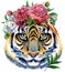 Tiger horoscope character watercolor illustration with flowers isolated on white background