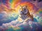 Tiger lounging on a rainbow cloud, paws outstretched