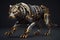 A tiger made of metal and gold on a black background. Generative AI image.