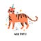 Tiger party. Exotic predatory cat on holiday. Hand drawn cute cartoon tiger character in a festive hat. Jungle animals wild party
