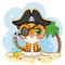 Tiger pirate, cartoon character of the game, wild animal cat in a bandana and a cocked hat with a skull, with an eye