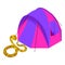 Tiger python icon isometric vector. Python snake near colorful camping tent icon