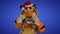 Tiger in red hat and tinsel holds small blue christmas balls decorations in his paws and dances on blue gradient