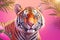 A tiger rests in the savannah in the pink flowers. ai generative