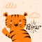 Tiger, roar illustration. Cartoon hand draw monster character for print t-shirt.