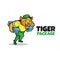 Tiger running holding box in both hands. logo mascot delivery. vector illustration.