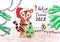 A tiger in a Santa Claus hat holds a small Christmas tree with the inscription 2022. Children`s drawing. Russian text - Happy New