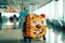 Tiger shaped kids travel suitcase in airport during vacation. Kids travel and adventure concept. Travel concept. Created with