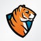 Tiger shield sport mascot template. Football or baseball patch design. College league insignia, High school team vector