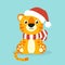 Tiger simbol in a santa hat. Cartoon character. Colorful vector illustration. Isolated on color background. Design element.