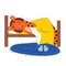 a tiger sleeps in a bed, a cute animal. the idea of a character for a greeting card, a childrenes wall painting.