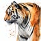 Tiger on splashed in brown paint white background, watercolor illustration.
