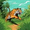 Tiger Sprinting Across Savannah In Cartoon Style