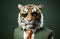 Tiger with sunglasses wearing suit and tie on solid green background. Generative AI