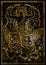 Tiger symbol on black texture background. Chariot with athletic man, tiger beasts and mystic signs