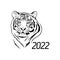 Tiger symbol of Japanese New Year 2022. Black and white Hand-drawn portrait of Tiger.