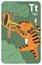 Tiger T letter. A-Z Alphabet collection with cute cartoon animals in 2D. Tiger going among trees and playing trombone