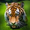 A tiger taking a bath in duckweed filled water