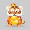 Tiger with traditional Chinese costume and ingot - celebrate Chinese New Year of Tiger - vector illustration isolated