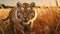 a tiger is walking through a field of tall brown grass. generative ai